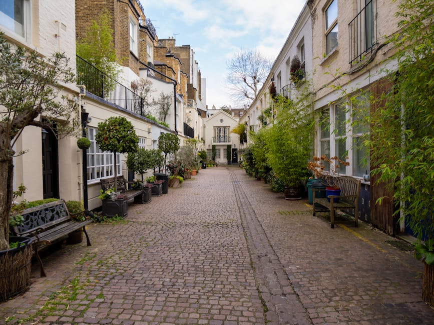 A cobblestone courtyard surrounded by white residential buildings with large windows, some adorned with window boxes and potted plants. The courtyard is lined with a variety of lush green trees, shrub